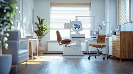 80s-Inspired Eye Clinic with Modern Technology An ophthalmology clinic decorated in an 80s style but with modern technologies such as 3D holograms.Stock Photo with copy space