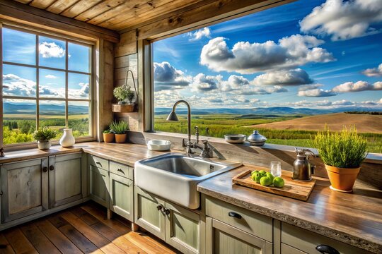 Rustic farmhouse kitchen with vintage appliances, wooden counters, and a galvanized sink, set against a soft blue sky with wispy clouds and a distant rolling hill.