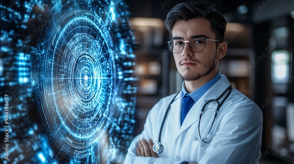 Poster retro eye doctor using 3d hologram an ophthalmologist in a vintage style using 3d hologram technolog