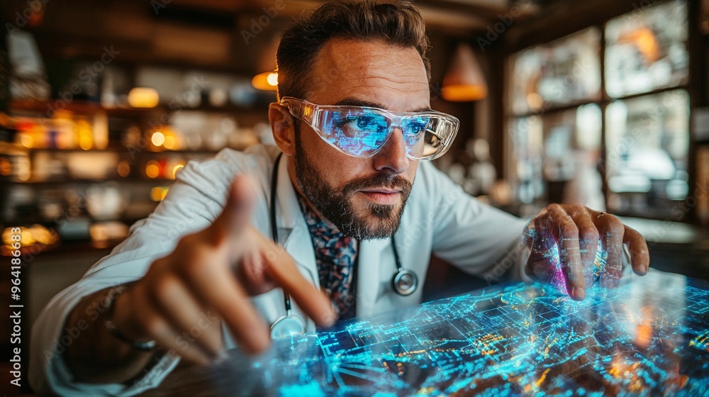 Poster retro eye doctor using 3d hologram an ophthalmologist in a vintage style using 3d hologram technolog