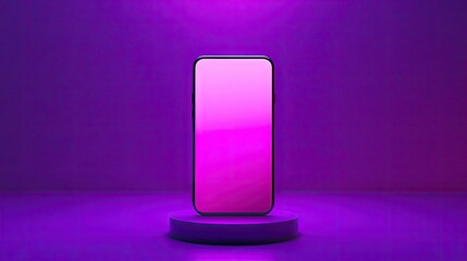 Futuristic smartphone glowing in the center of a vibrant purple background, accented by soft shadows and minimalist textures