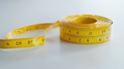 Collection of yellow tape measure stretching out over a white surface