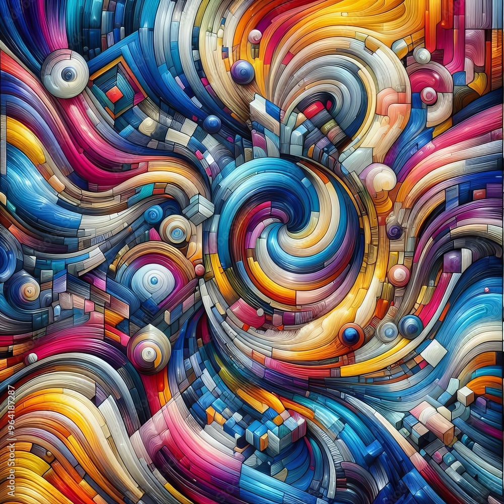Poster a vibrant and colorful abstract artwork featuring swirling patterns and geometric shapes. the dynami