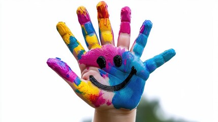 Fototapeta premium colorful painted child hand with painted smile on transparency background PNG