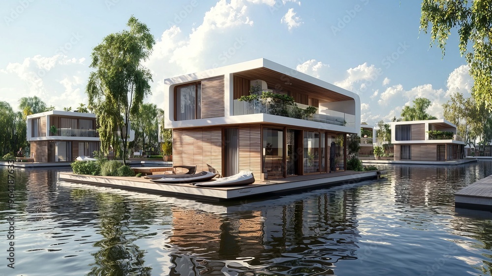 Wall mural Modern house on a lake with wooden accents.