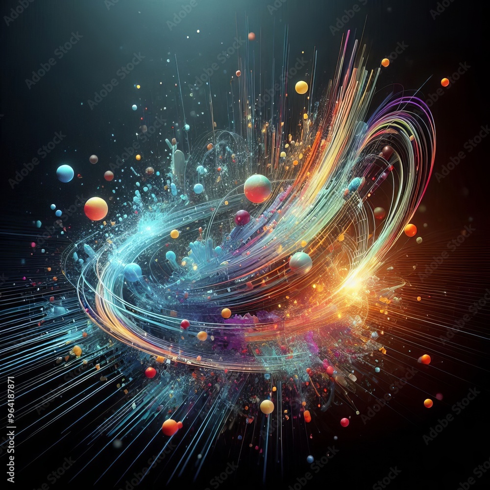 Poster stunning abstract digital artwork featuring a dynamic explosion of vibrant colorful particles and st