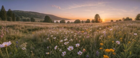 Fototapeta premium Majestic Sunrise Over a Meadow of Wildflowers and Mountains in Spring