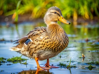 Obraz premium A fluffy duck's webbed feet splayed apart, worn smooth from wading through muddy wetlands, feathers slightly ruffled from recent grooming session.