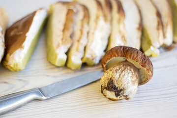 Close up of  freshly sliced wild boletus mushrooms ready for cooking.  Cutting, slicing freshly picked white fungus for gourmet recipes and healthy meals. Copy space. Selective focus.