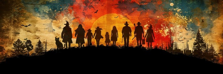 Silhouetted figures celebrate Halloween at sunset amidst autumn hues and eerie vibes