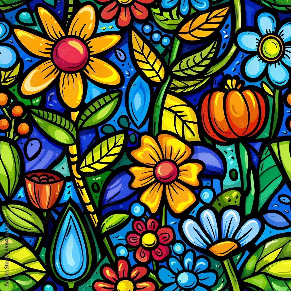 Sticker Vibrant floral pattern with a cartoon style.