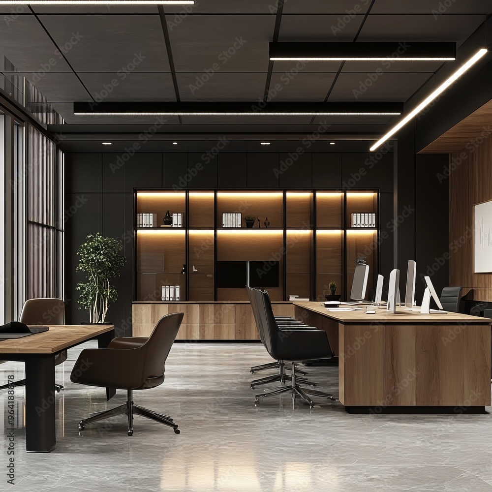 Poster Modern office interior with wood and black furniture, shelves, and a plant.