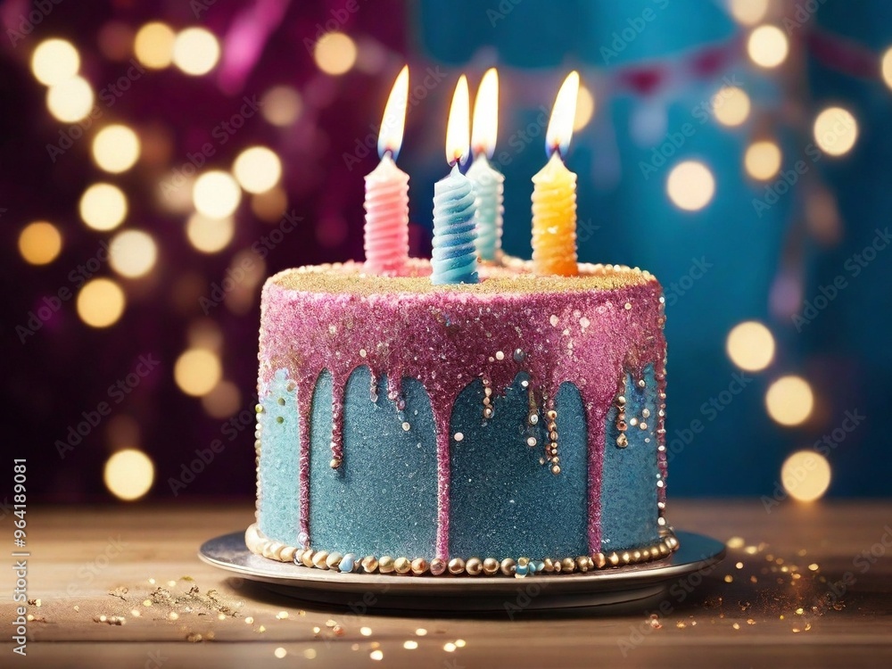 Wall mural birthday cake decorated with glitter candles, sparkling brightly as they are lit. 