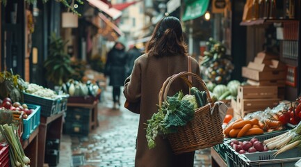 Naklejka premium Woman carrying vegetable basket in urban marketplace with artistic style