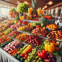 catering buffet food indoor in restaurant with meat colorful fruits and vegetables. 
