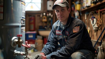 Plumber repairing heater in a residential workshop during daylight hours