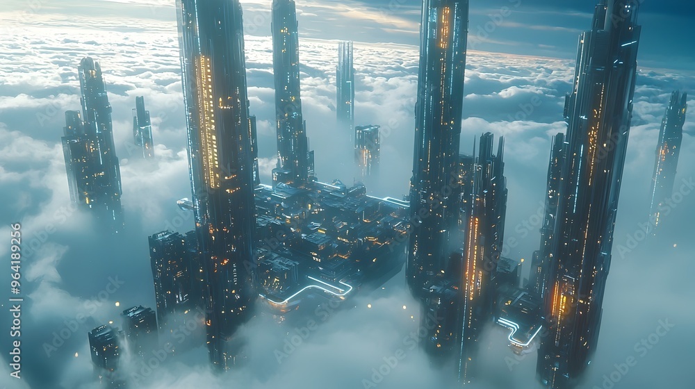 Poster futuristic floating metropolis in the clouds with sleek skyscrapers and glowing edges