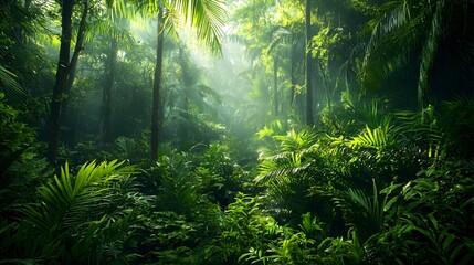 Majestic tropical jungle with lush greenery and misty ambience