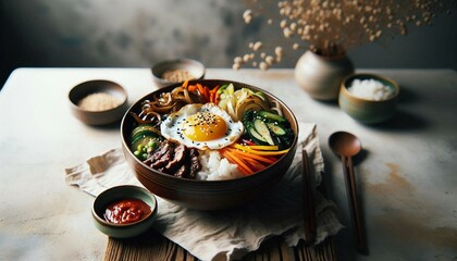 a bowl of Bibimbap, a traditional Korean dish, consisting of white rice topped with various ingredients including sliced beef, sautéed vegetables, a fried egg, and gochujang (chili pepper paste). The 