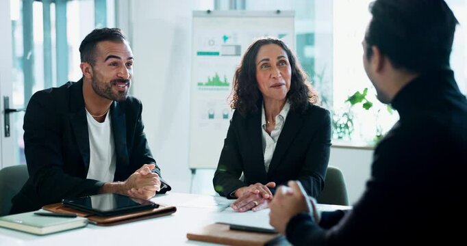 Business people, data and meeting with client for investment deal, analysis and project discussion. Planning, happy team and brainstorming with graph, stats and risk management consulting in office