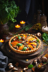 Rustic Autumnal Tart: Autumn Vegetable Tart – A beautifully rustic tart filled with roasted pumpkin, mushrooms, and spinach. generative AI