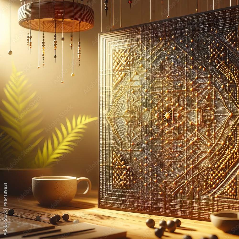 Poster an intricate circuit board art piece illuminated by warm light hangs in a serene workspace. the sett
