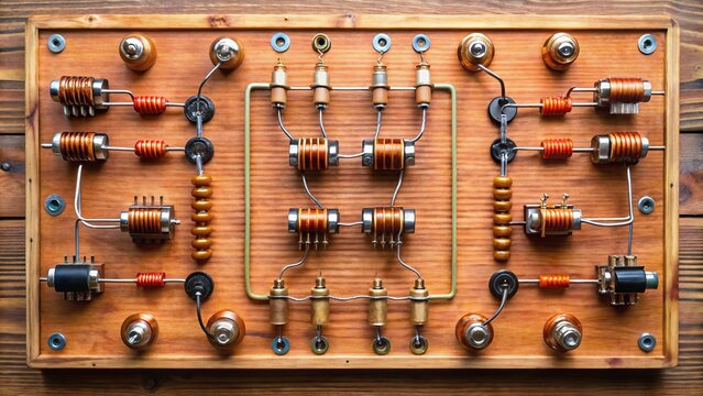 Resistors, capacitors, and diodes interconnected with copper wire on a rectangular notched wood panel, noting voltage and current labels