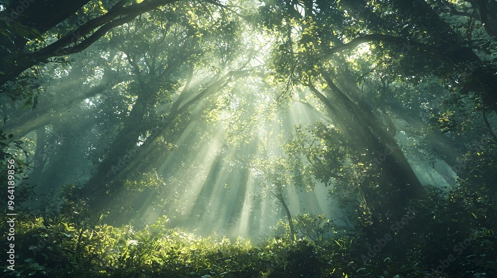 Poster enchanted forest with towering trees and mystical sunlight filtering through lush canopy