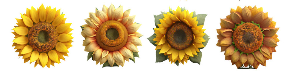 Four Sunflowers in a Row isolated on transparent background