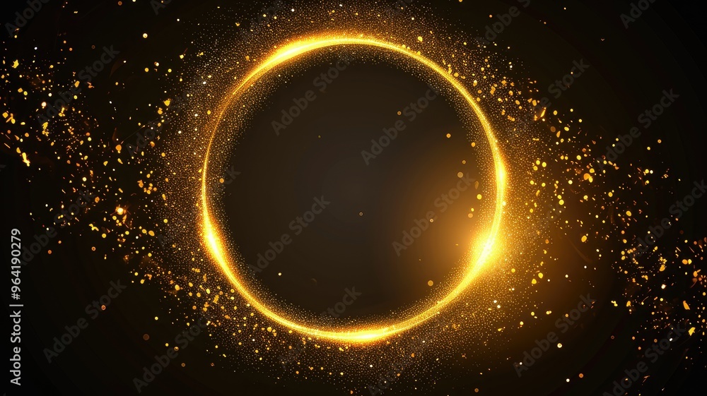 Poster a glowing golden circle surrounded by sparkling particles on a dark background, ideal for design or 
