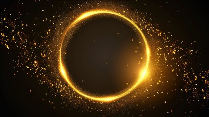 A glowing golden circle surrounded by sparkling particles on a dark background, ideal for design or artistic projects.