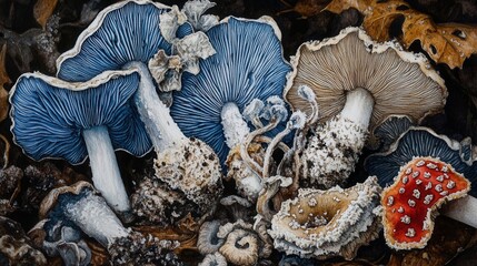 Detailed botanical drawing showcasing different mushrooms