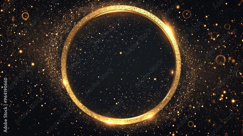 Poster a glowing golden circular frame surrounded by sparkling particles against a dark background, ideal f