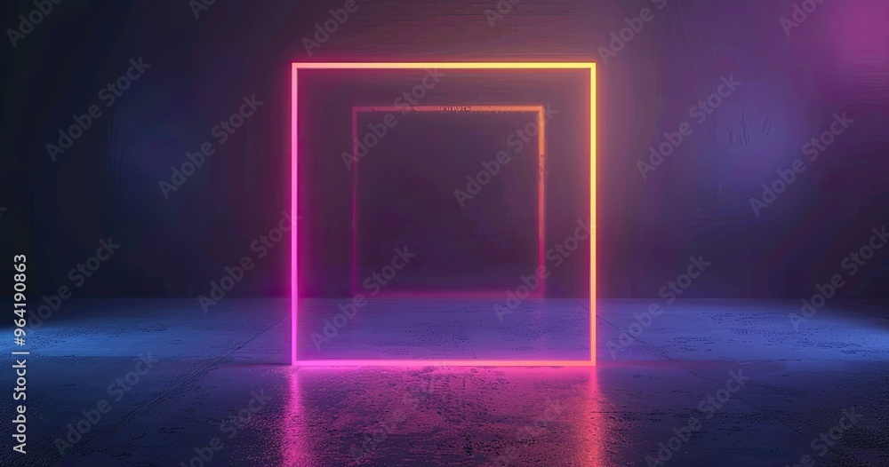 Poster a glowing neon square structure in a dark, reflective environment, creating a futuristic and artisti