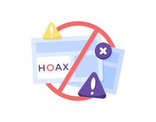 Fototapeta premium concept of prohibition to spread hoax news. command not to believe and read false information. illustration of a prohibition sign with newspaper, cross symbol, and warning sign. flat style design