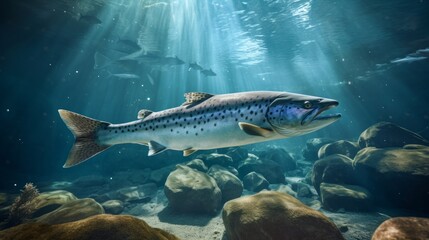 Predatory fish beautiful Salmon models in crystal clear water. Neural network ai generated art
