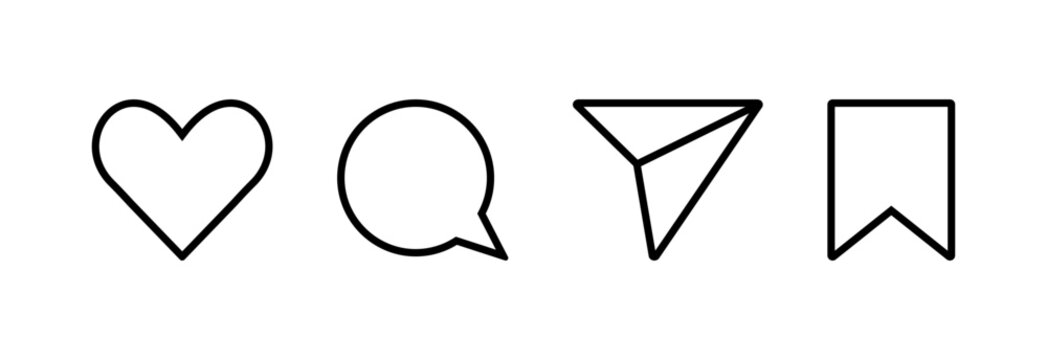 Instagram social media like comment share save icon collection in line style. Set of social network user interface button icons on white background. Vector illustration