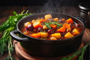 Root Vegetable Stew – A hearty bowl of stew, rich with carrots, beets, and parsnips, in a dark cast-iron pot.  A Rustic Autumnal Comfort. generative AI