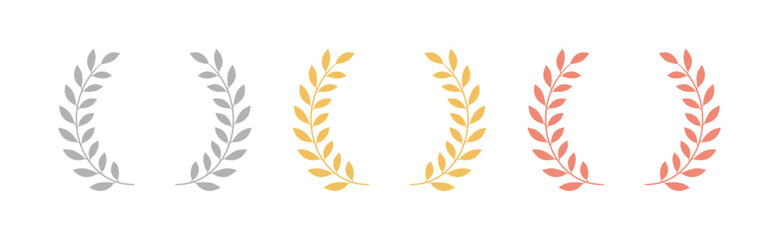 Olympic games gold silver bronze laurel wreath medal award set on white background. Colorful leaf floral luxury champion emblem icon set. Vector illustration © Ankit