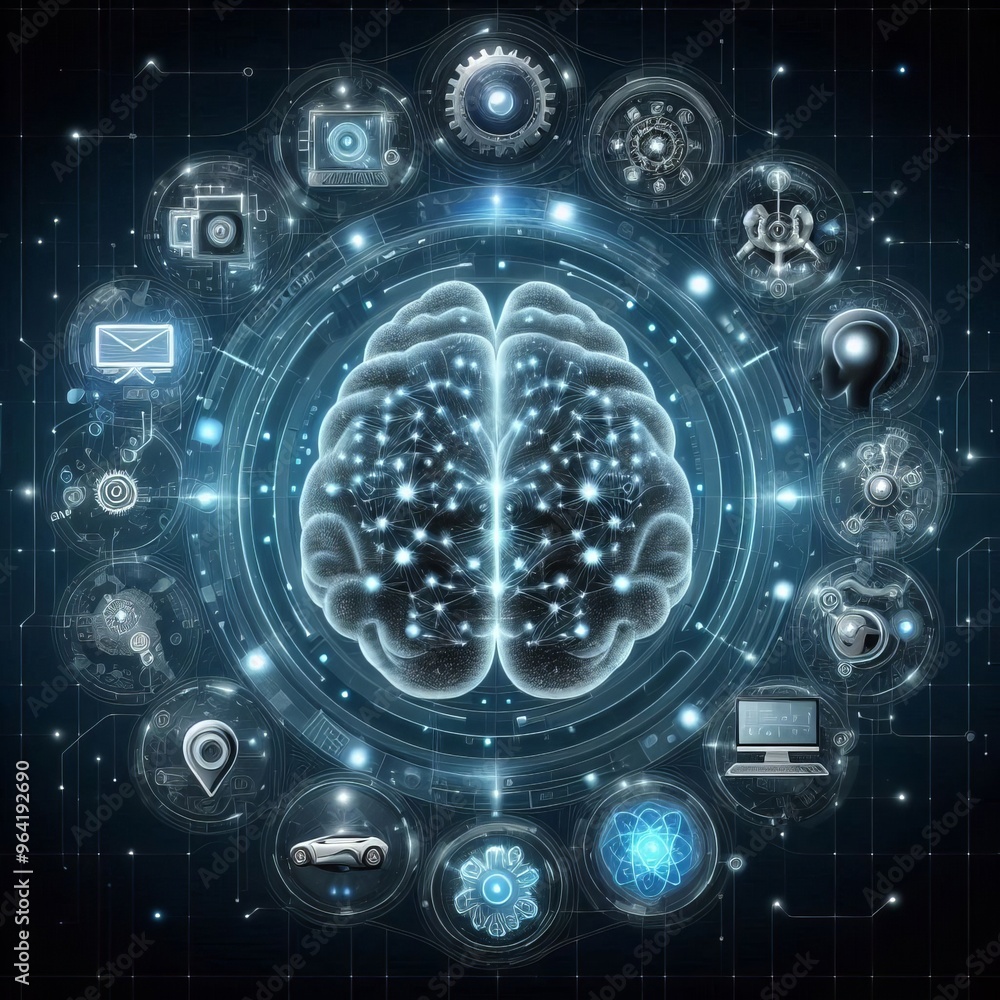 Poster a luminous digital brain is central to this image, surrounded by various technology icons representi