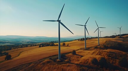 Wind Turbines Dotting a Picturesque Rural Landscape Under a Clear Blue Sky