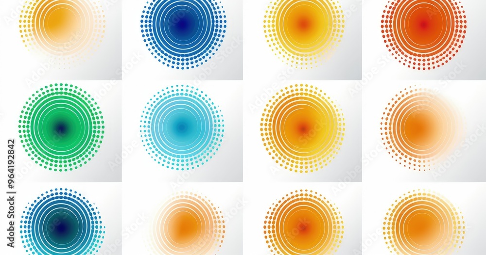 Aufkleber a grid of colorful circular designs featuring gradient dots, suitable for graphic design and backgro