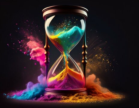 Sanduhr aus Farbpulver, auf schwarzem Hintergrund, explodierend