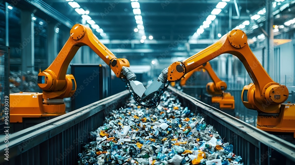 Poster automated recycling facility with robotic arms sorting waste for sustainable resource management