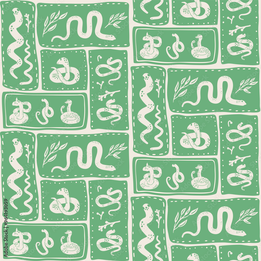 Poster green seamless pattern with snakes and leaves in rectangular segments. animalistic vector continuous