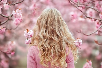 Fototapeta premium Girl Surrounded by Blooming Cherry Blossoms in Springtime Beauty