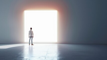 Obraz premium Man Standing in Front of a Bright Open Doorway in a Minimalist Room, Symbolizing New Opportunities and Future Possibilities
