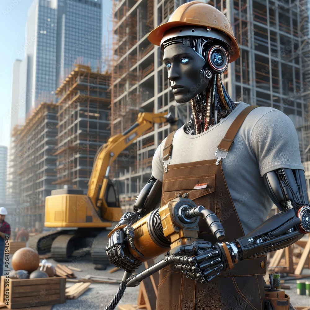 Poster ai robot construction worker wearing hard hat and overalls operates a drill on a busy construction s