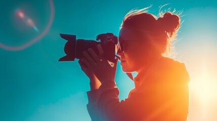 Female Photographer Capturing the Perfect Shot During Golden Hour; Silhouette of a Woman Using DSLR Camera with Sun Flare