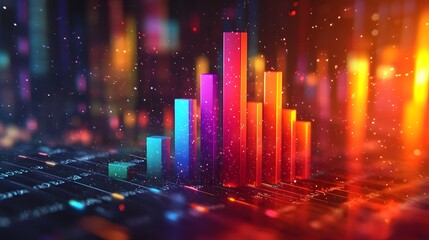 Colorful bar charts emerging from a dark background, symbolizing data analysis transformation and highlighting significant growth with a vibrant atmosphere. Investment Analysis Concept